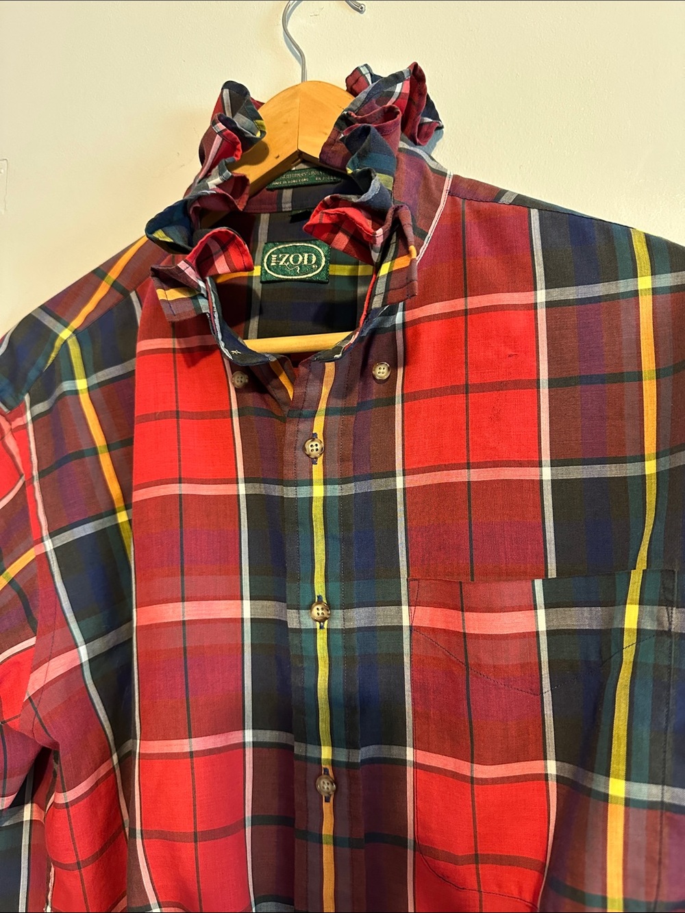 Izod Red Plaid Button-Down Shirt with Ruffled Collar